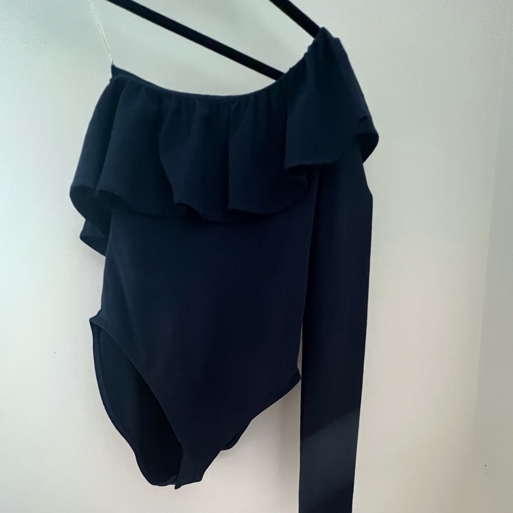 Lilly Pulitzer Kourtney True Navy Single Shoulder Pima Blend Ruffle Bodysuit XXS